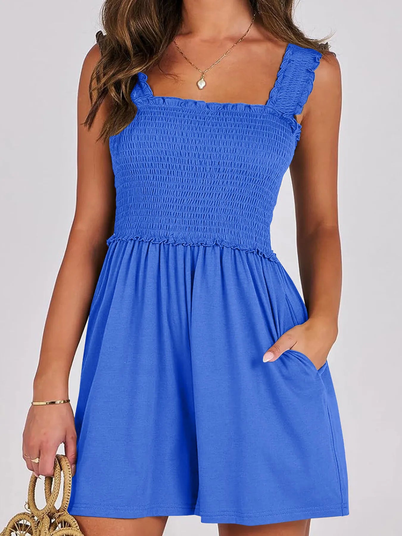 Smocked Square Neck Summer Romper Blue - Fashorio