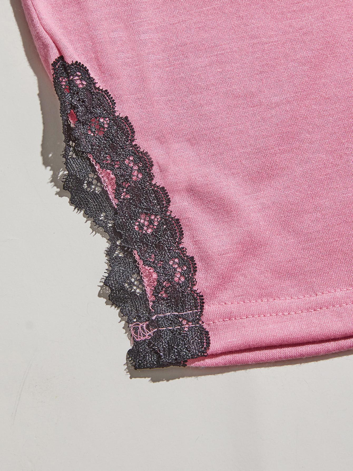 V-Neck Lace Trim Slit Cami and Pants Pajama Set - Fashorio