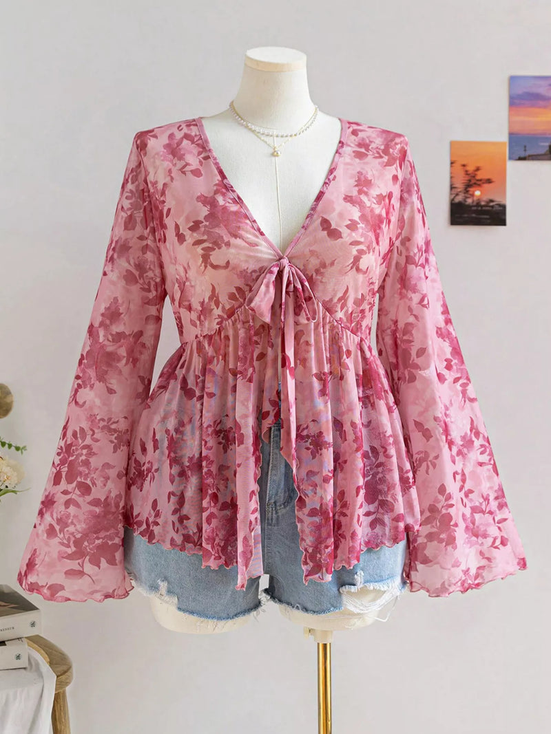 Pink floral chiffon long sleeve blouse front view