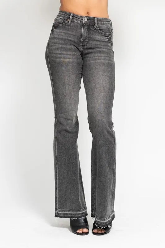 Release hem detail on gray flare jeans