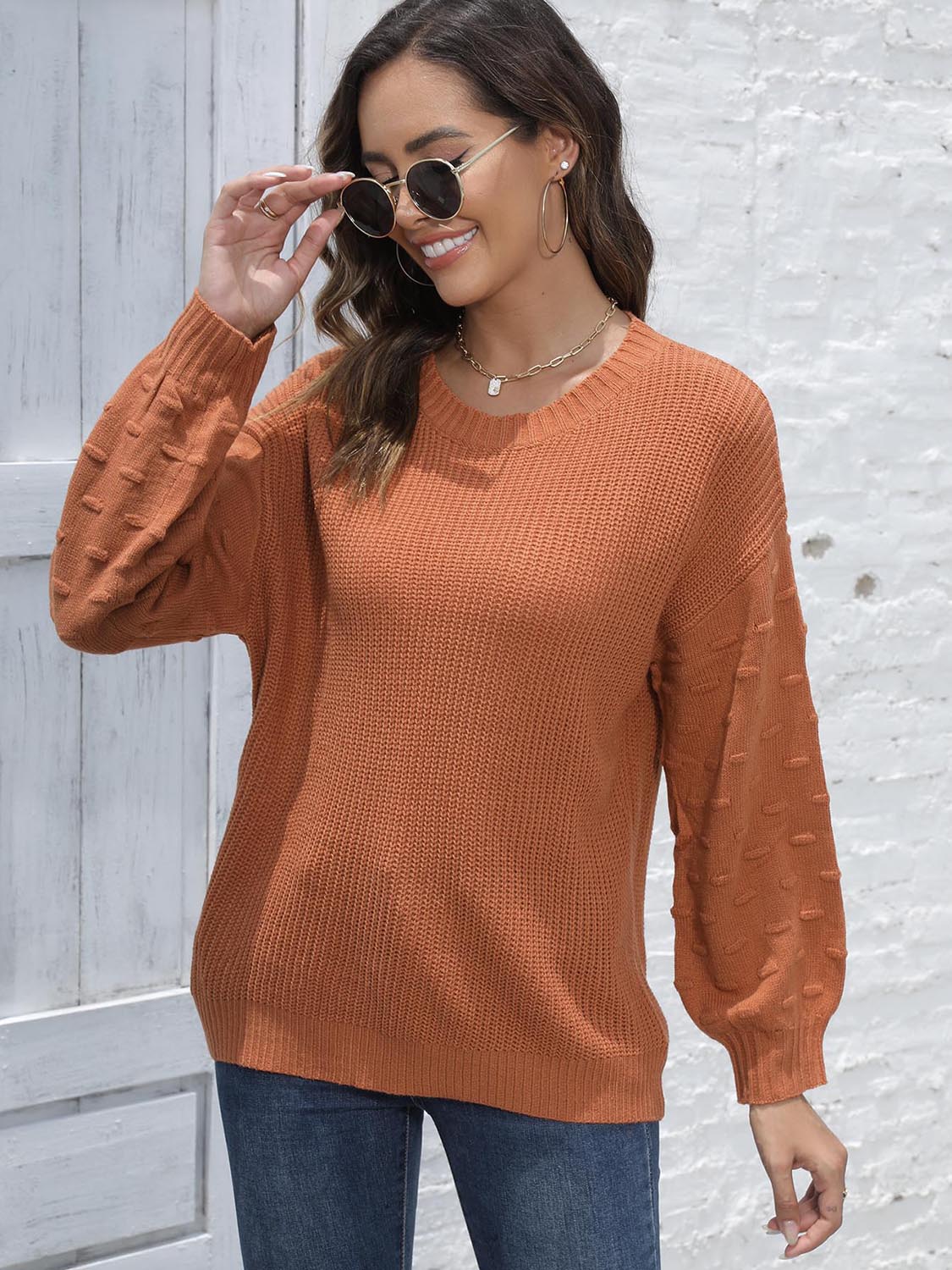 Round Neck Dropped Shoulder Sweater - Fashorio