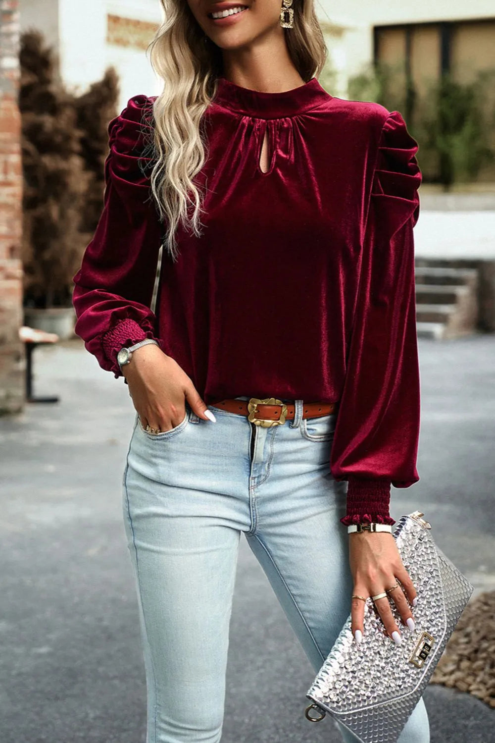 Tie Up Mock Neck Velvet Fabric Long Sleeve Blouse - Fashorio