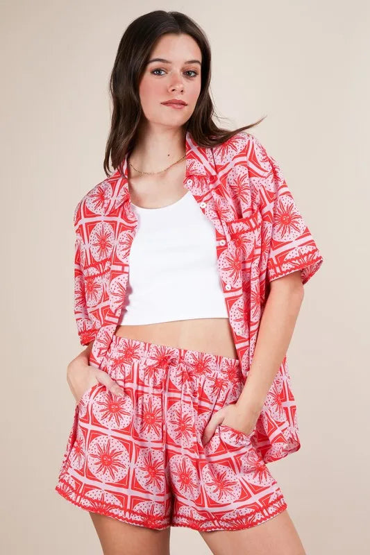 VERY J Full Size Tropical Printed Shirt Top and Shorts Set Plus Size - Fashorio