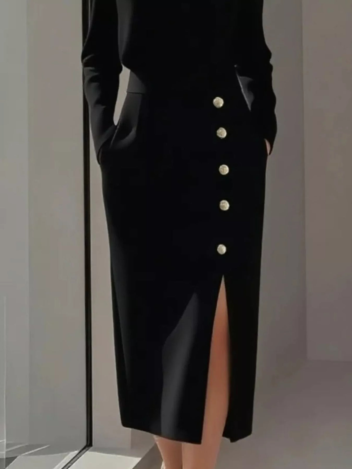 Long Sleeve Button Midi Dress with Slit full length view
