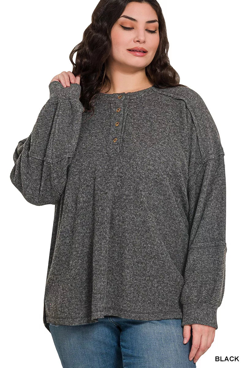 Ribbed Brushed Hacci Henley Sweater Plus Size in Black side view