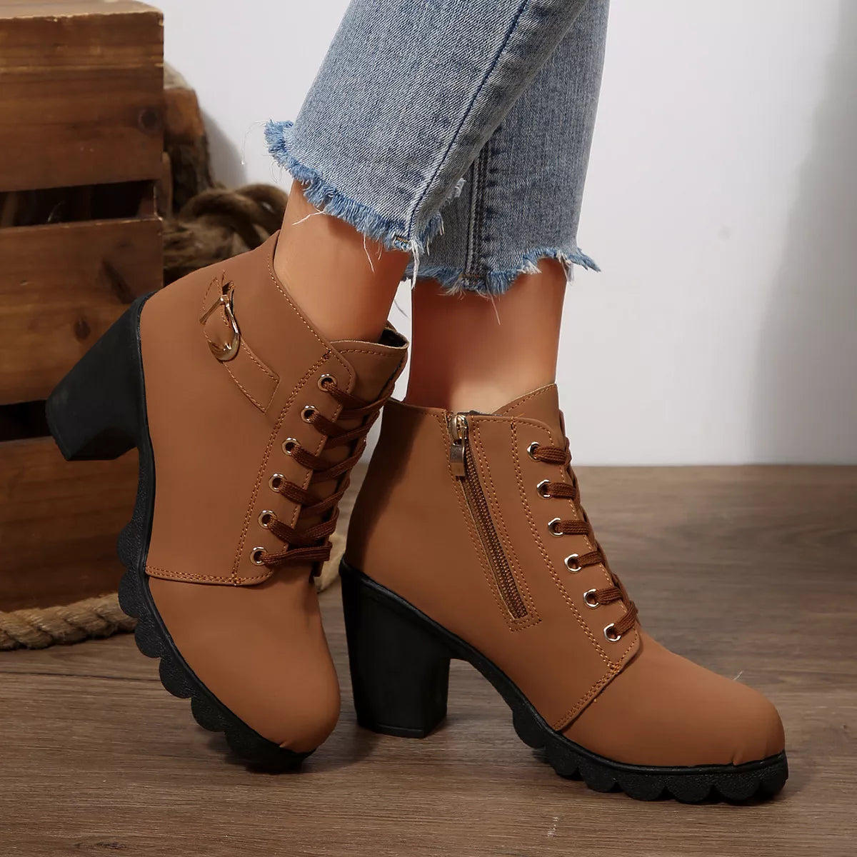 Lace up buckle chunky heel ankle boots front view
