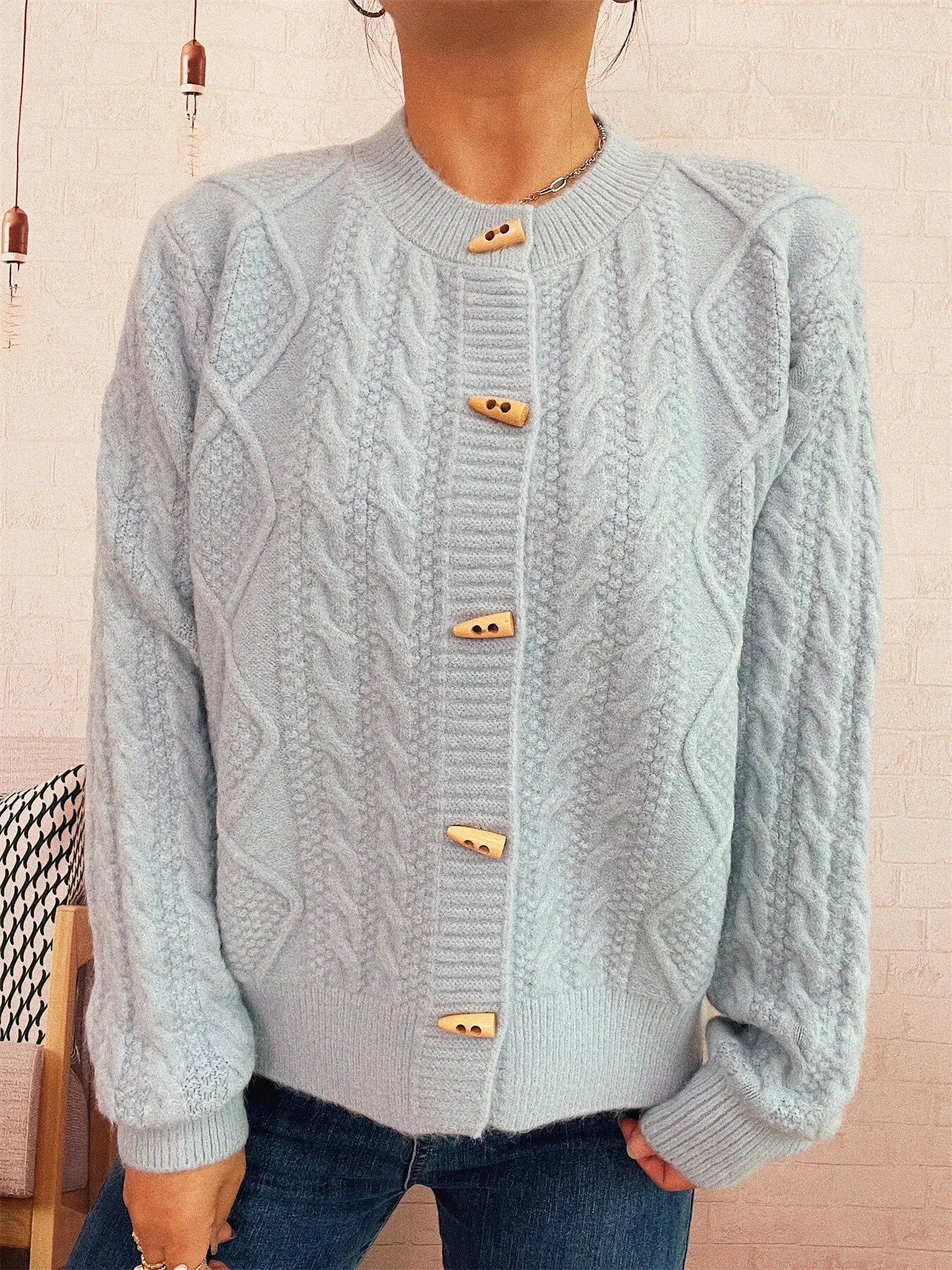 Cable Knit Button-Up Cardigan 蓝色 One Size - Fashorio