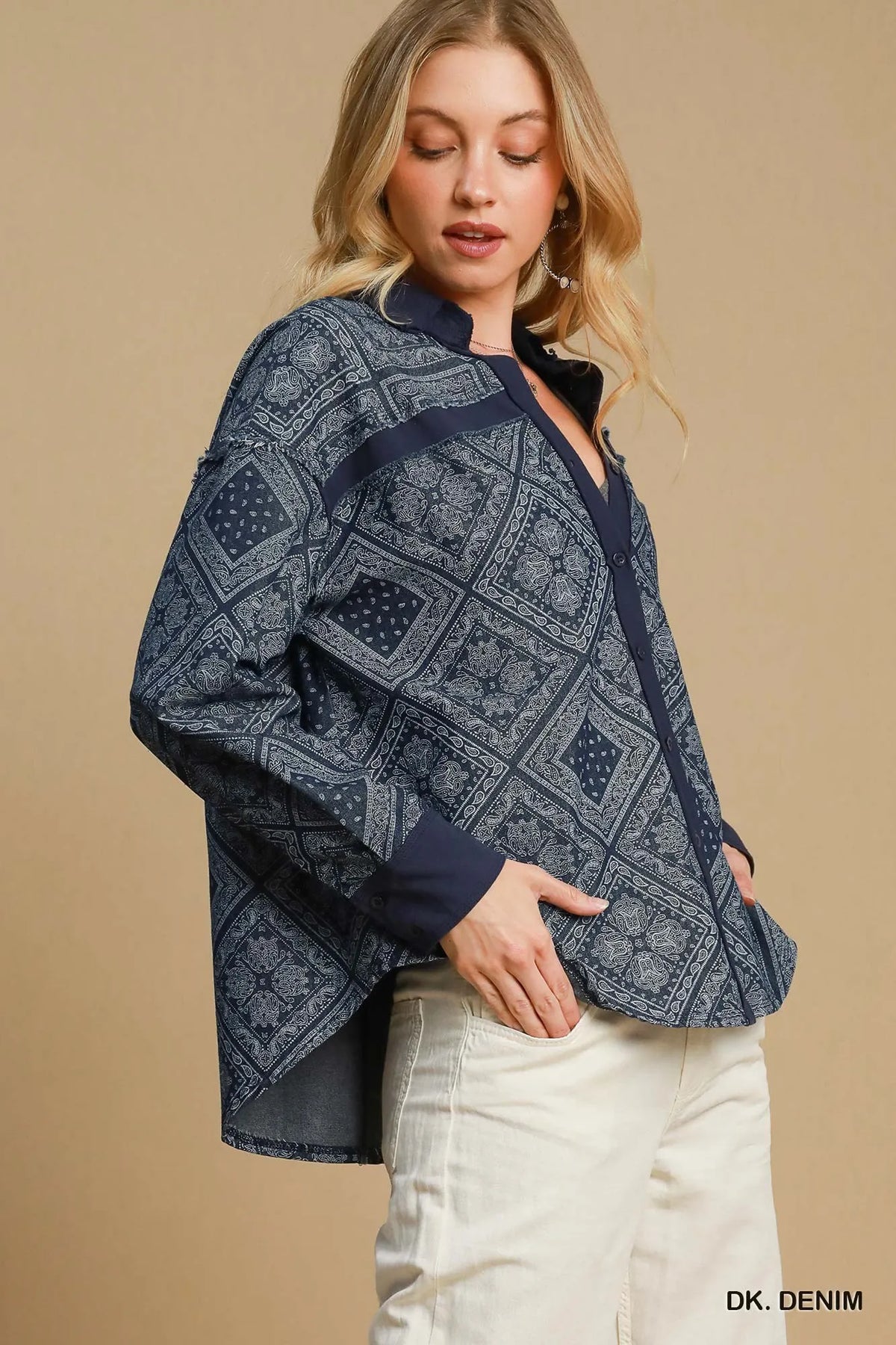 Oversized quilted denim jacket styled over a tee and jeans