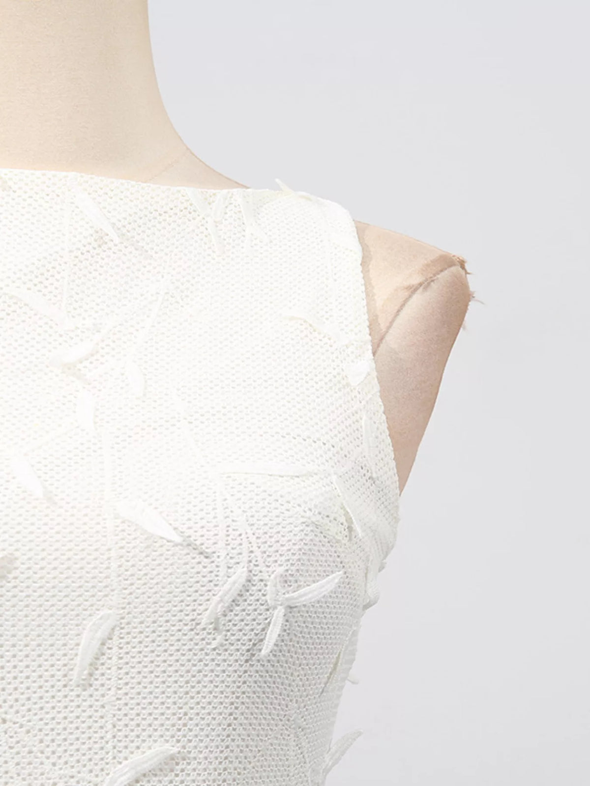 sleeveless floral applique off white midi dress close up view