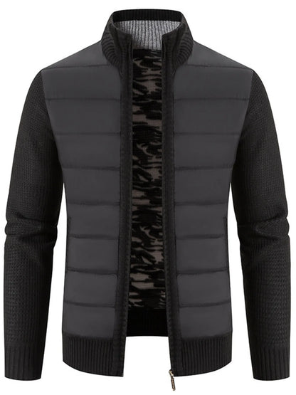 Men's Plus Size Quilted Knit Bomber Jacket with Stand Collar Black - Fashorio