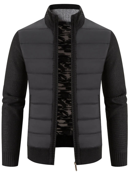 Men's Plus Size Quilted Knit Bomber Jacket with Stand Collar Black - Fashorio