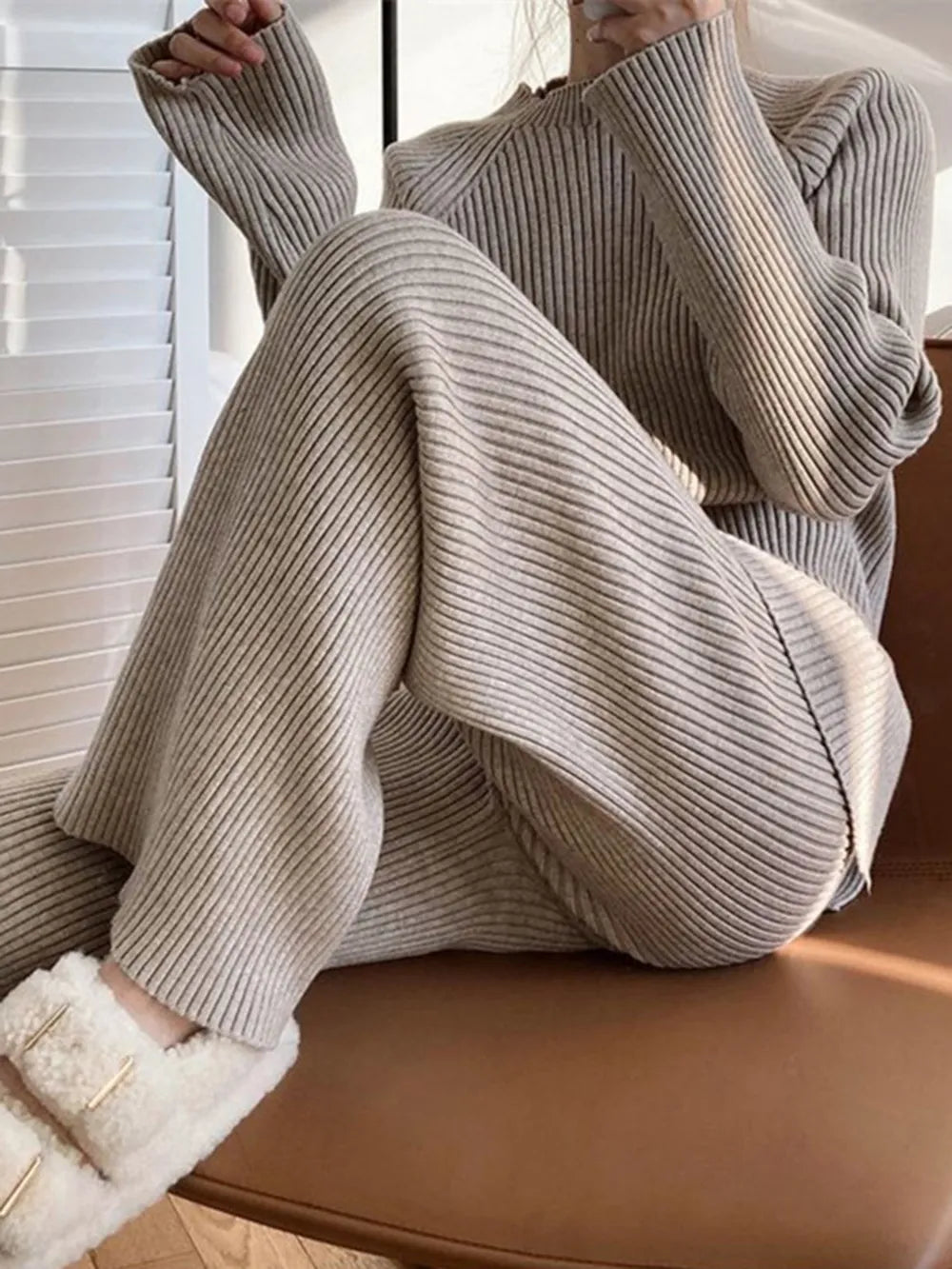 Mock Neck Raglan Sleeve Top and Pants Sweater Set - Fashorio