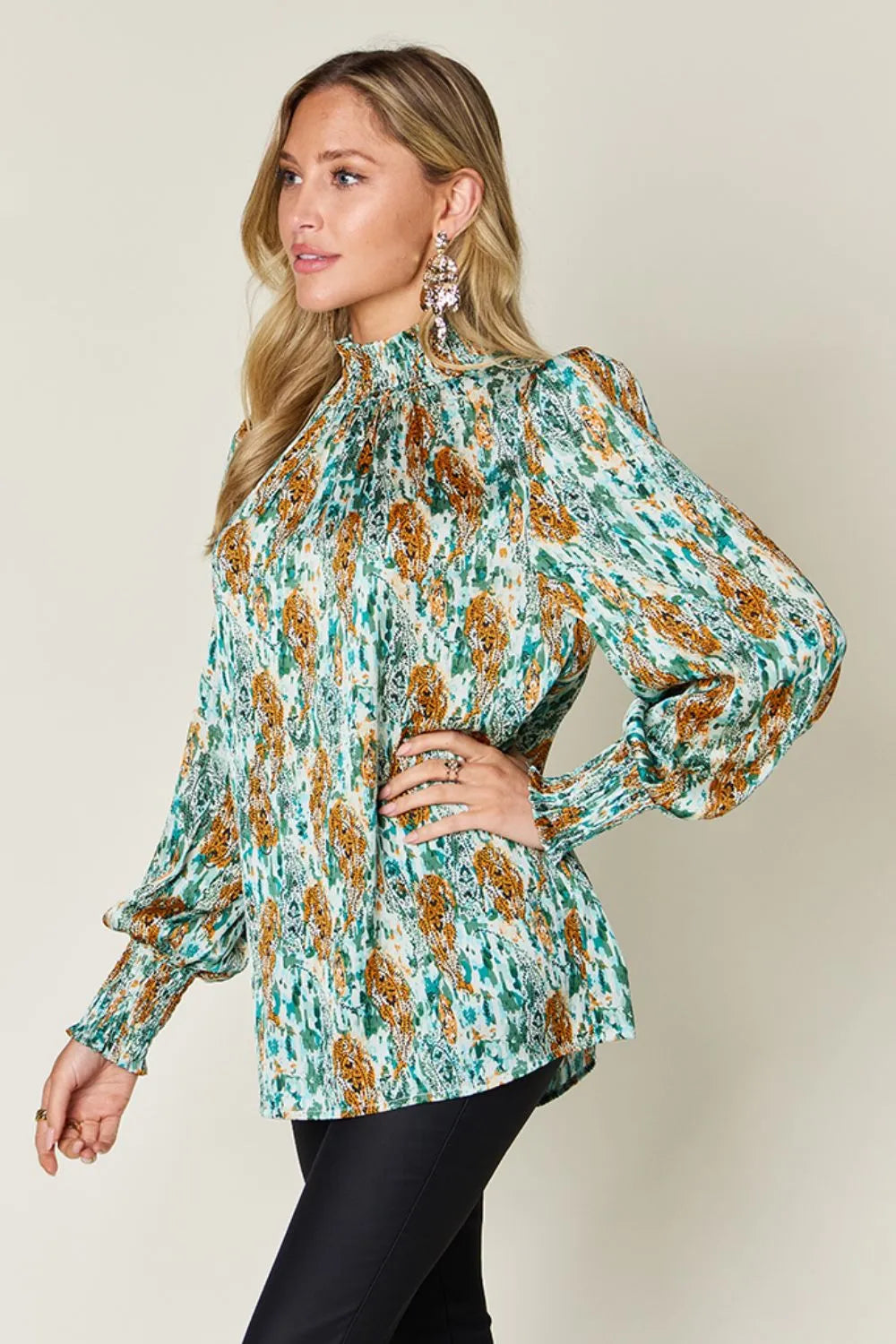Double Take Printed Frill Smocked Long Sleeve Blouse, view 29
