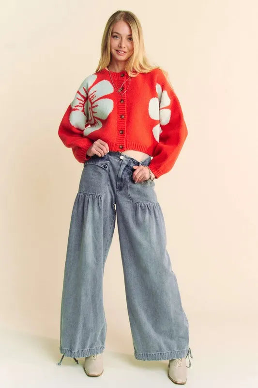 Davi & Dani Flower Contrast Round Neck Long Sleeve Cardigan - Fashorio