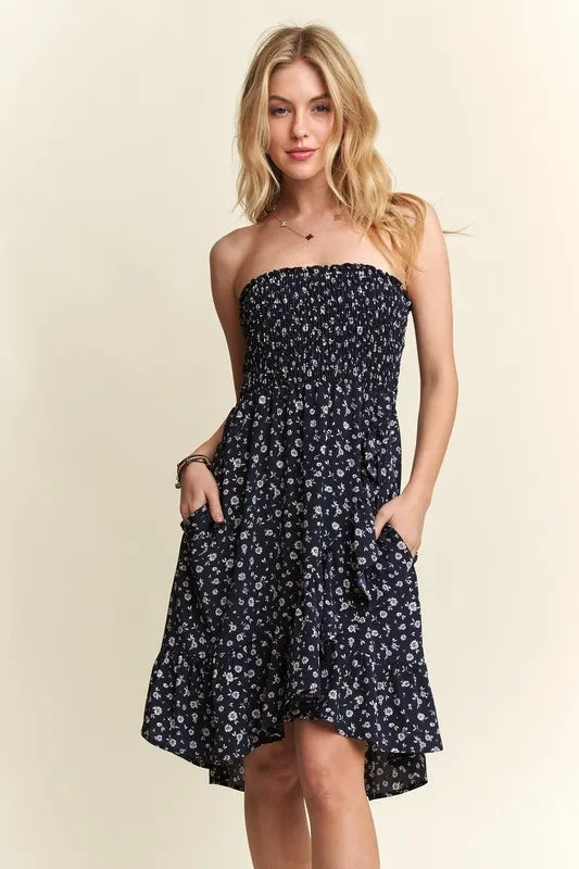 Smocked Floral Tube Dress with Pockets in Navy