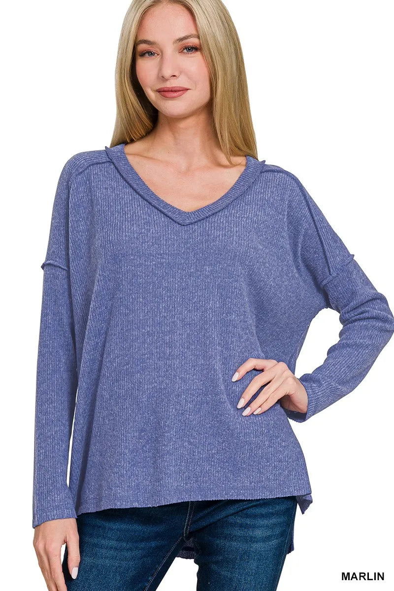 Brushed Ribbed Hacci V Neck Drop Shoulder Sweater Plus Size in Marlin Blue