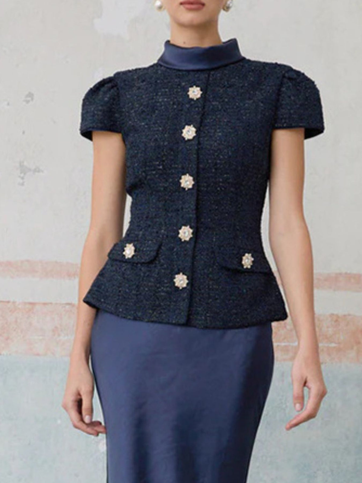 Navy satin skirt set back view