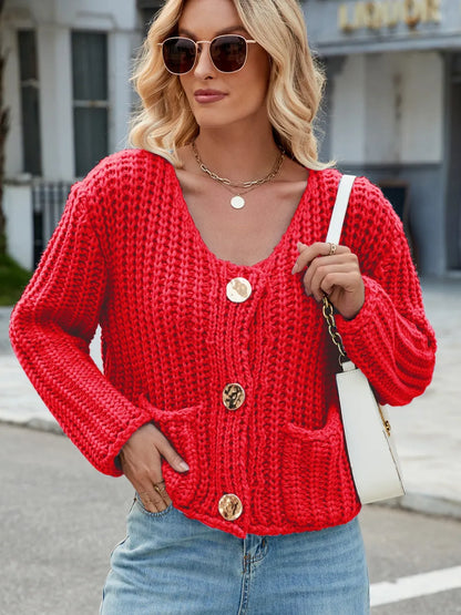 Round Neck Button Up Cardigan with Pockets Orange-Red - Fashorio