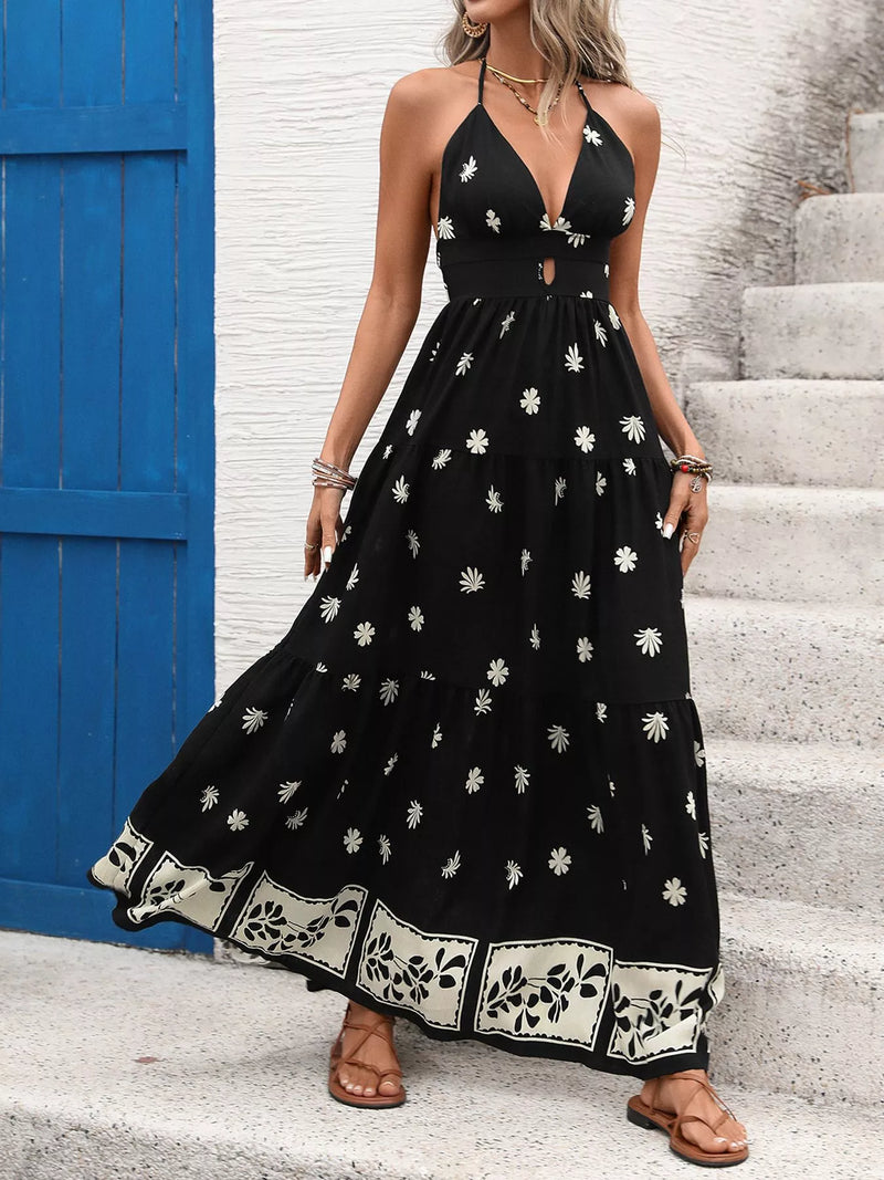 Printed halter neck maxi dress, full front view