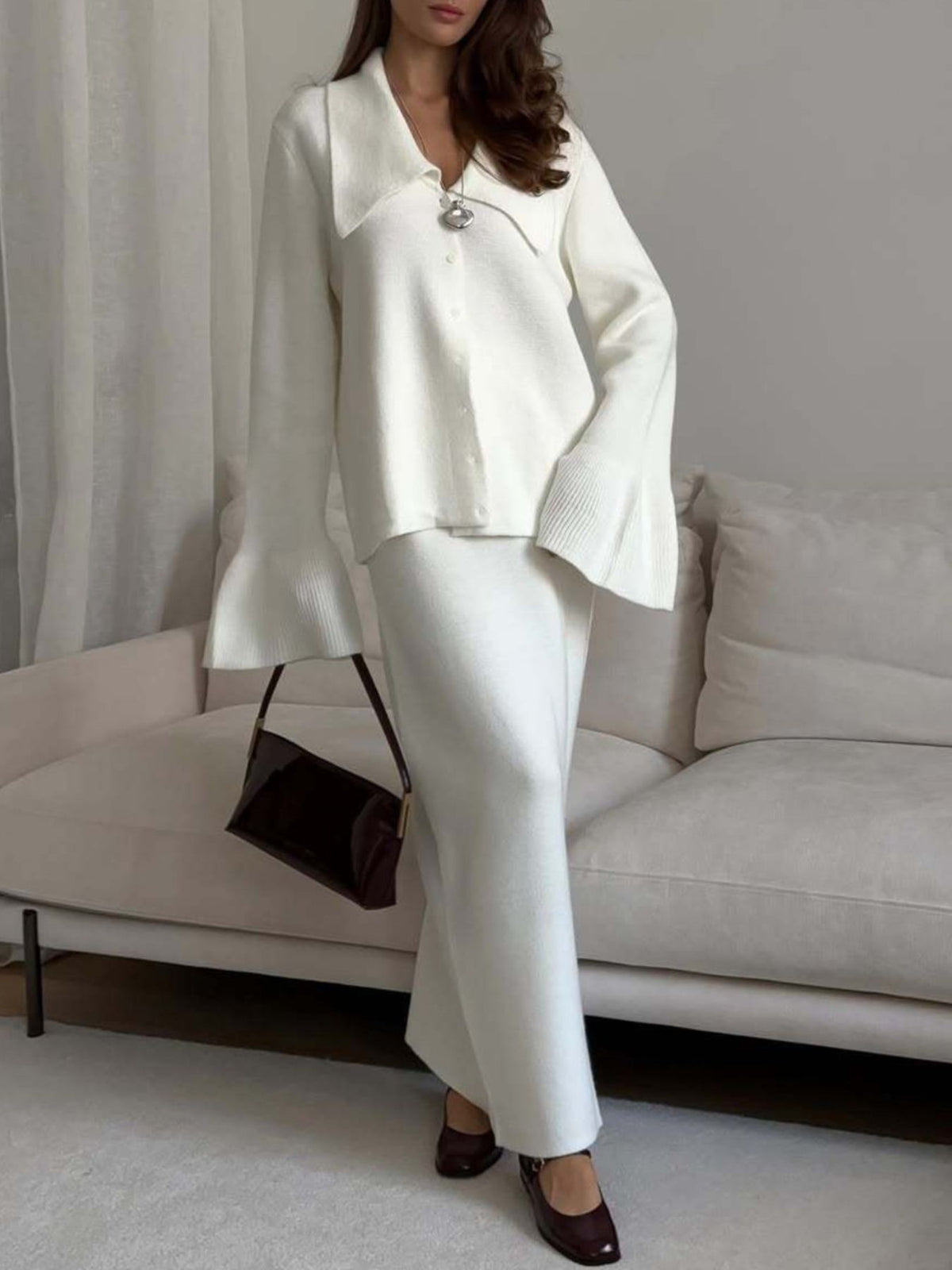 Ribbed knit cardigan set styling detail