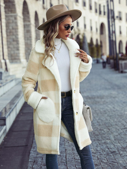 Plaid Button Down Coat with Pockets - Fashorio
