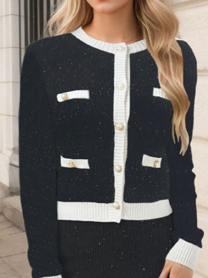 Contrast Trim Ribbed Top and Skirt Sweater Set - Fashorio