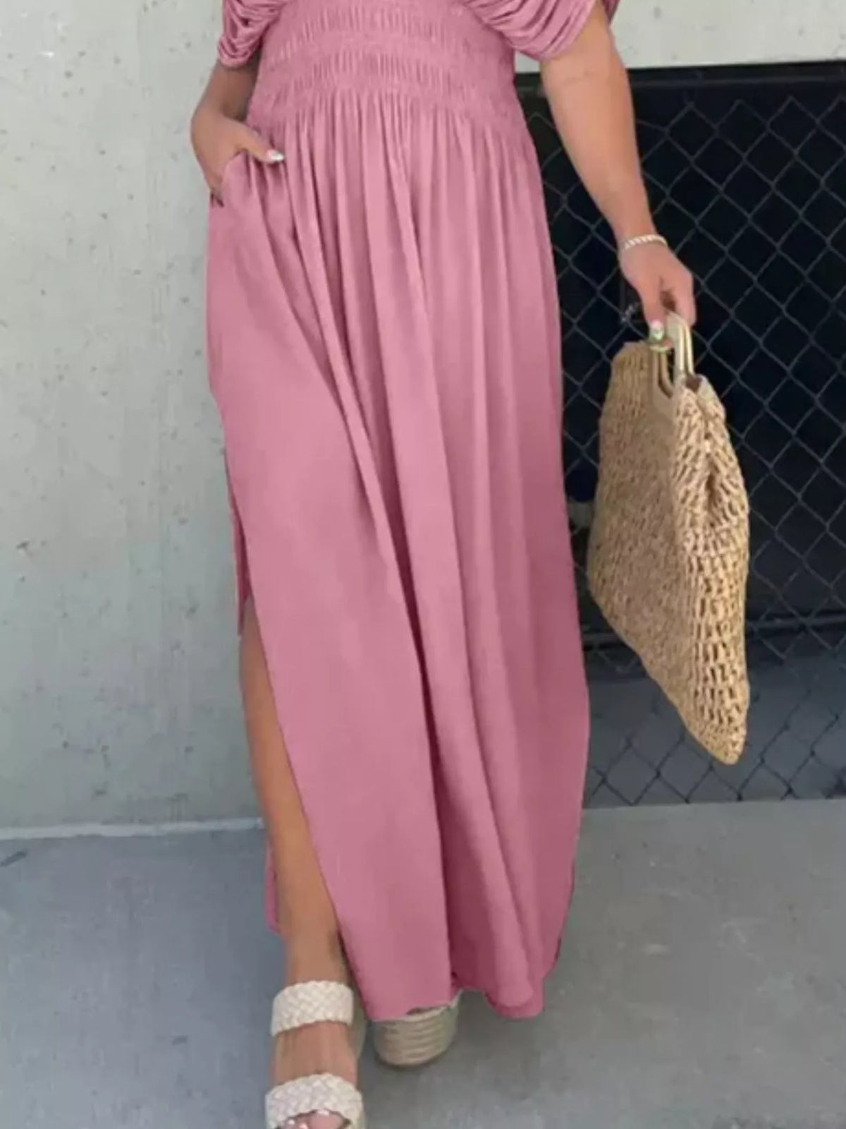 Slit V neck smocked waist maxi dress neckline detail