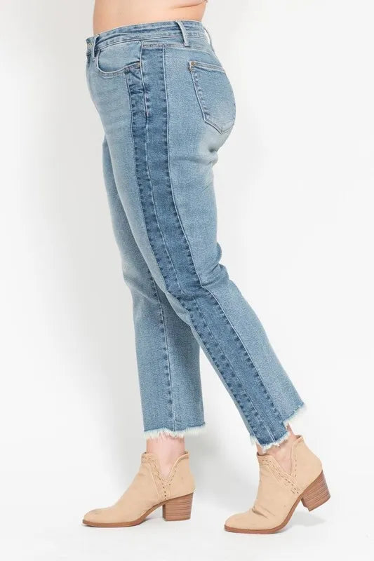 Judy Blue Vintage Wash Side Panel Fray Hem Slim Jeans – Plus Size - Fashorio