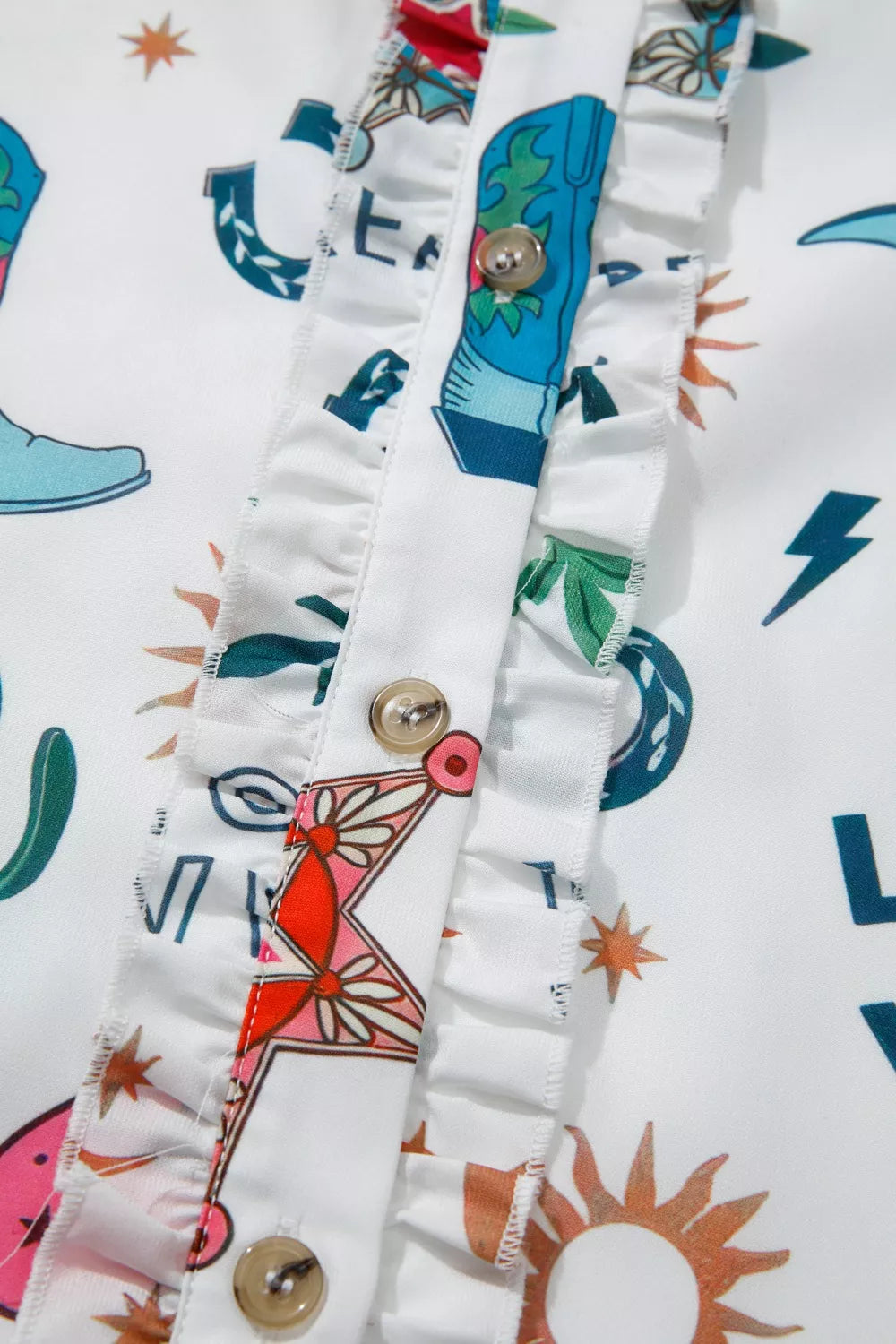 White western print flutter sleeve button down mini dress close up detail