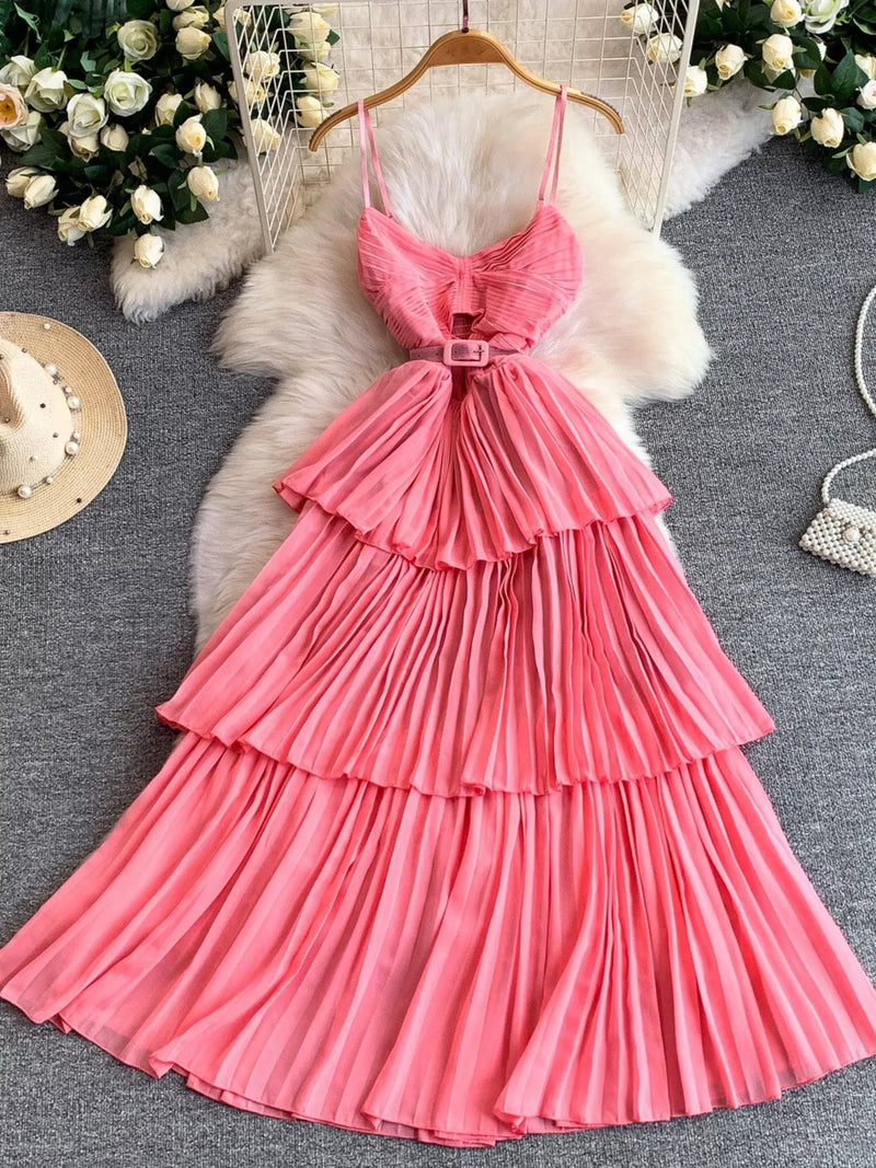 Pleated layered spaghetti strap midi dress front view
