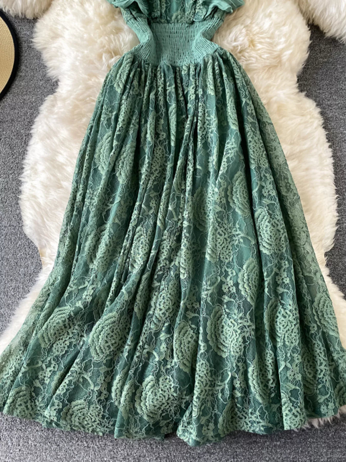 Ruffled mock neck lace maxi dress, full length view