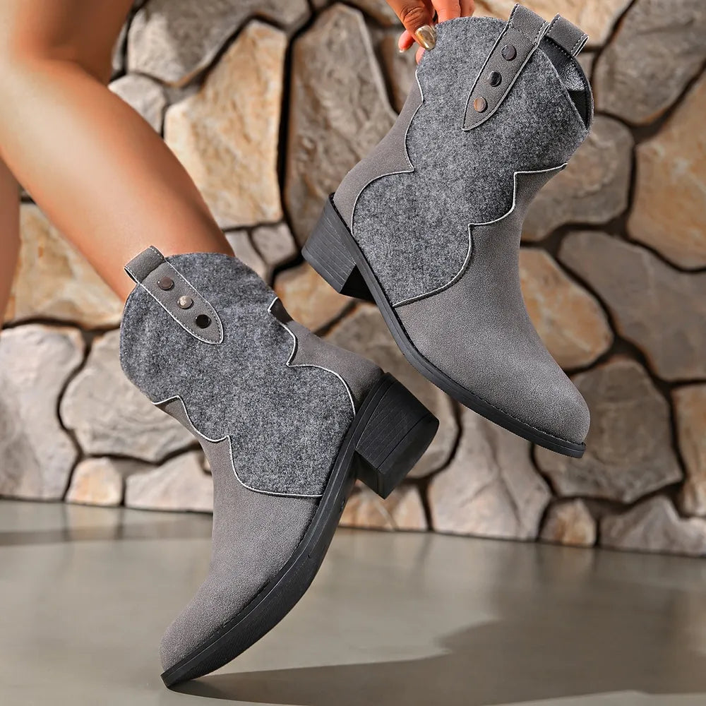 Suede Point Toe Block Heel Boots three quarter view