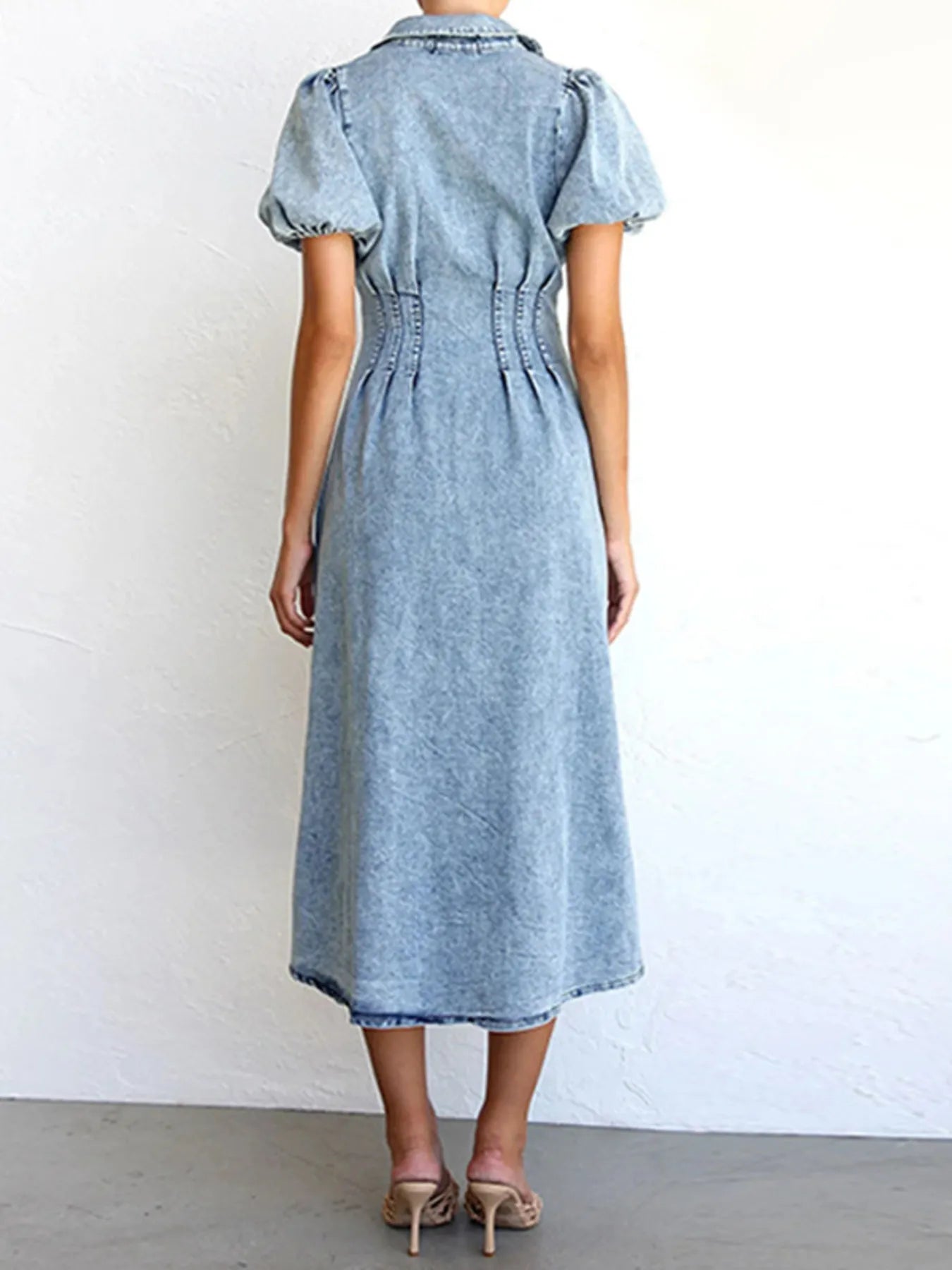 Puff Sleeve Button Front Denim Midi Dress - Fashorio