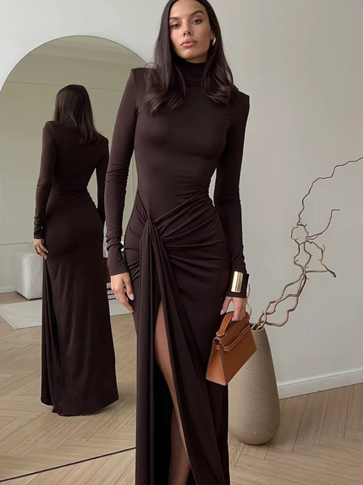Turtleneck Long Sleeve Tie Waist Maxi Dress back view
