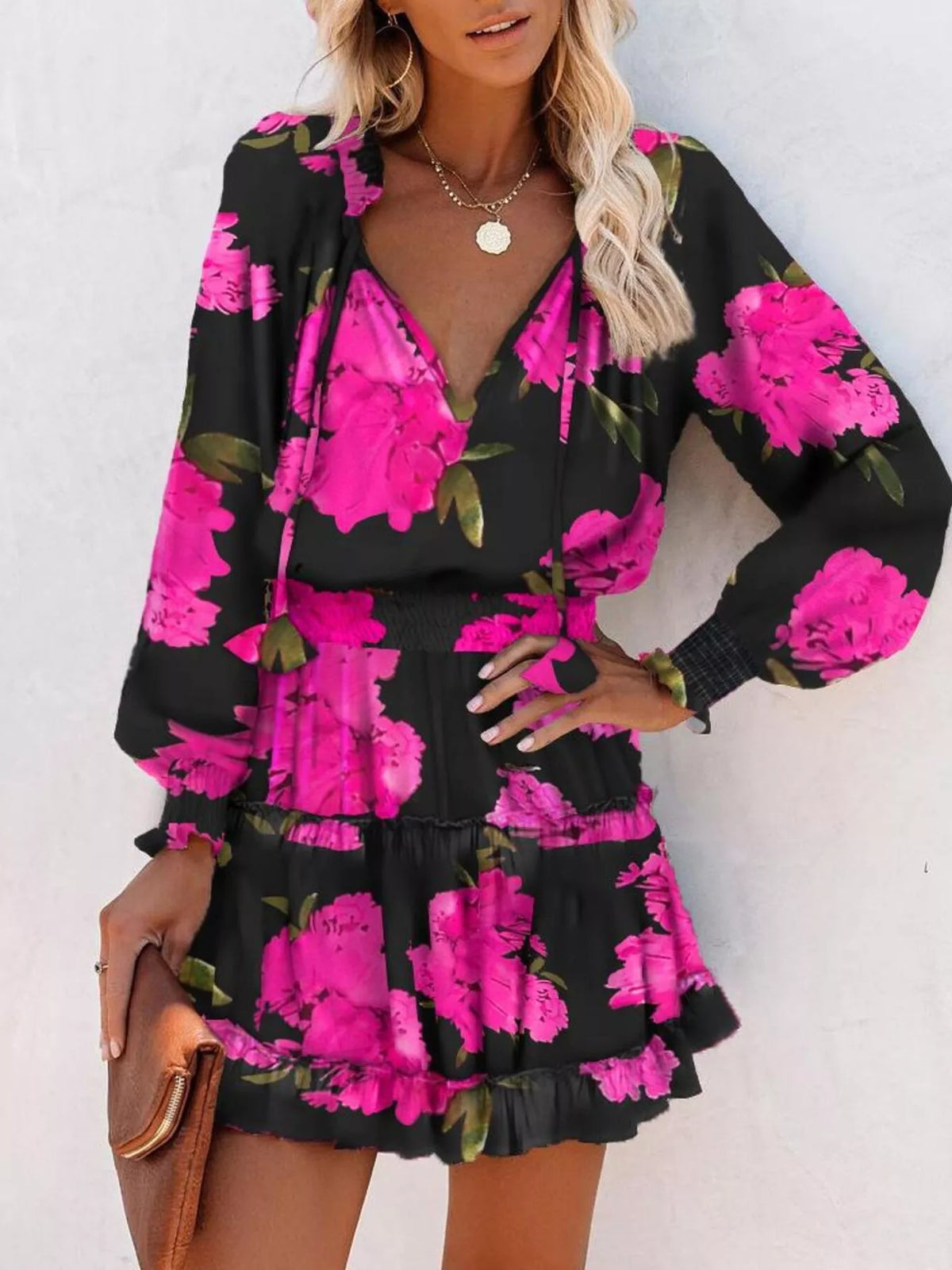 Tie neck lantern sleeve tiered dress side view