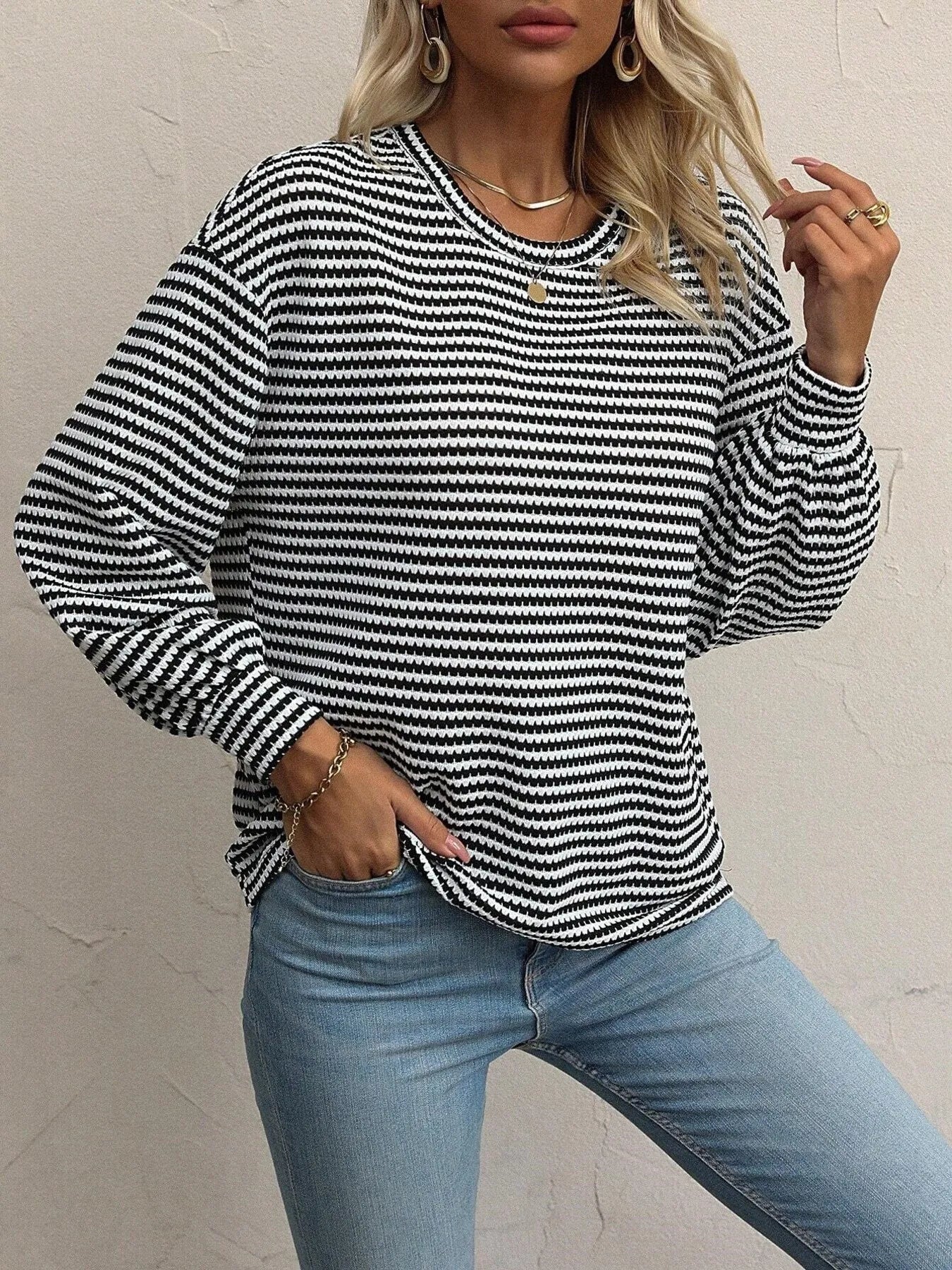 Striped Round Neck Lantern Sleeve Top - Fashorio
