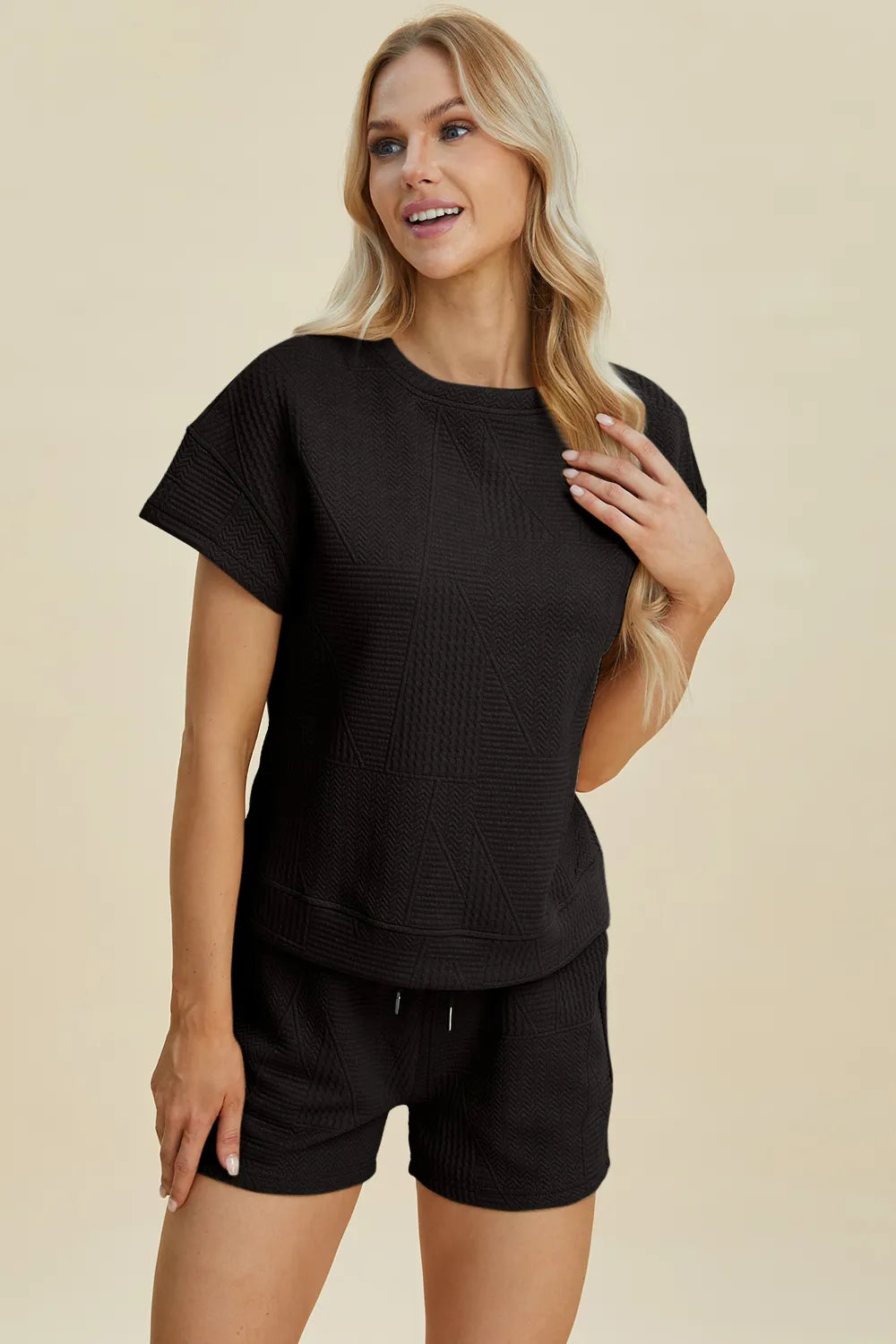 Textured Short Sleeve Top and Shorts Two Piece Set, view 22