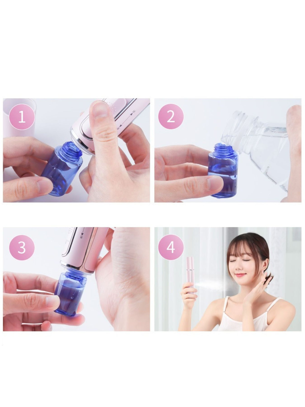 Woman using portable facial mister on skin