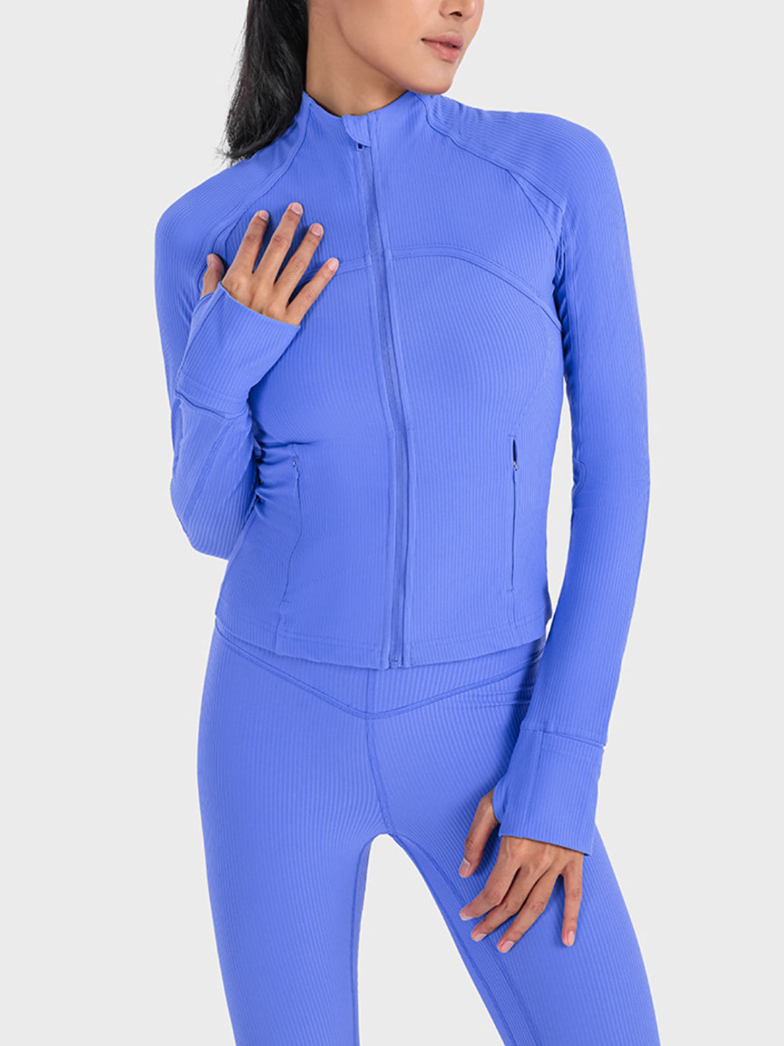Zip up long sleeve sports jacket angled view