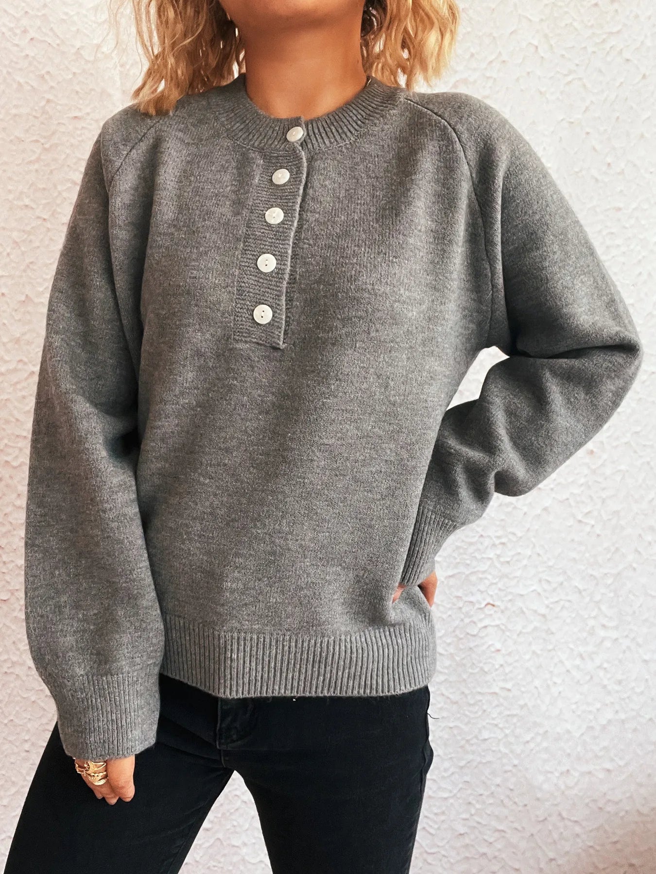 Button-Front Long Sleeve Sweater Grey One Size - Fashorio