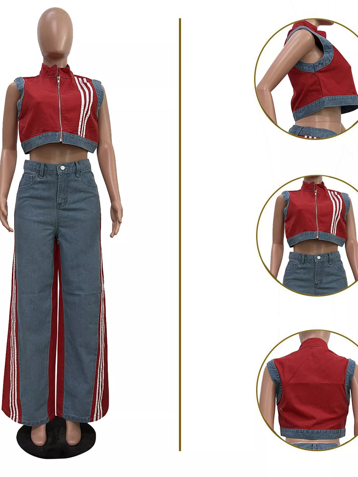 Zip Front Crop Top and Striped Pants Set, view 11