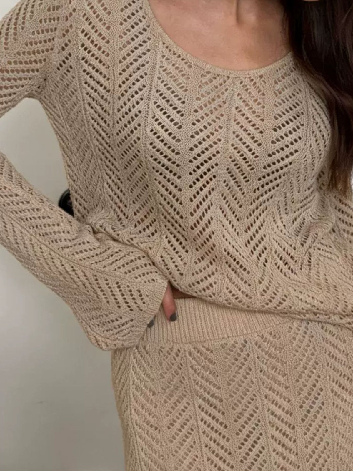 Openwork Long Sleeve Knit Top and Skirt Set, view 14