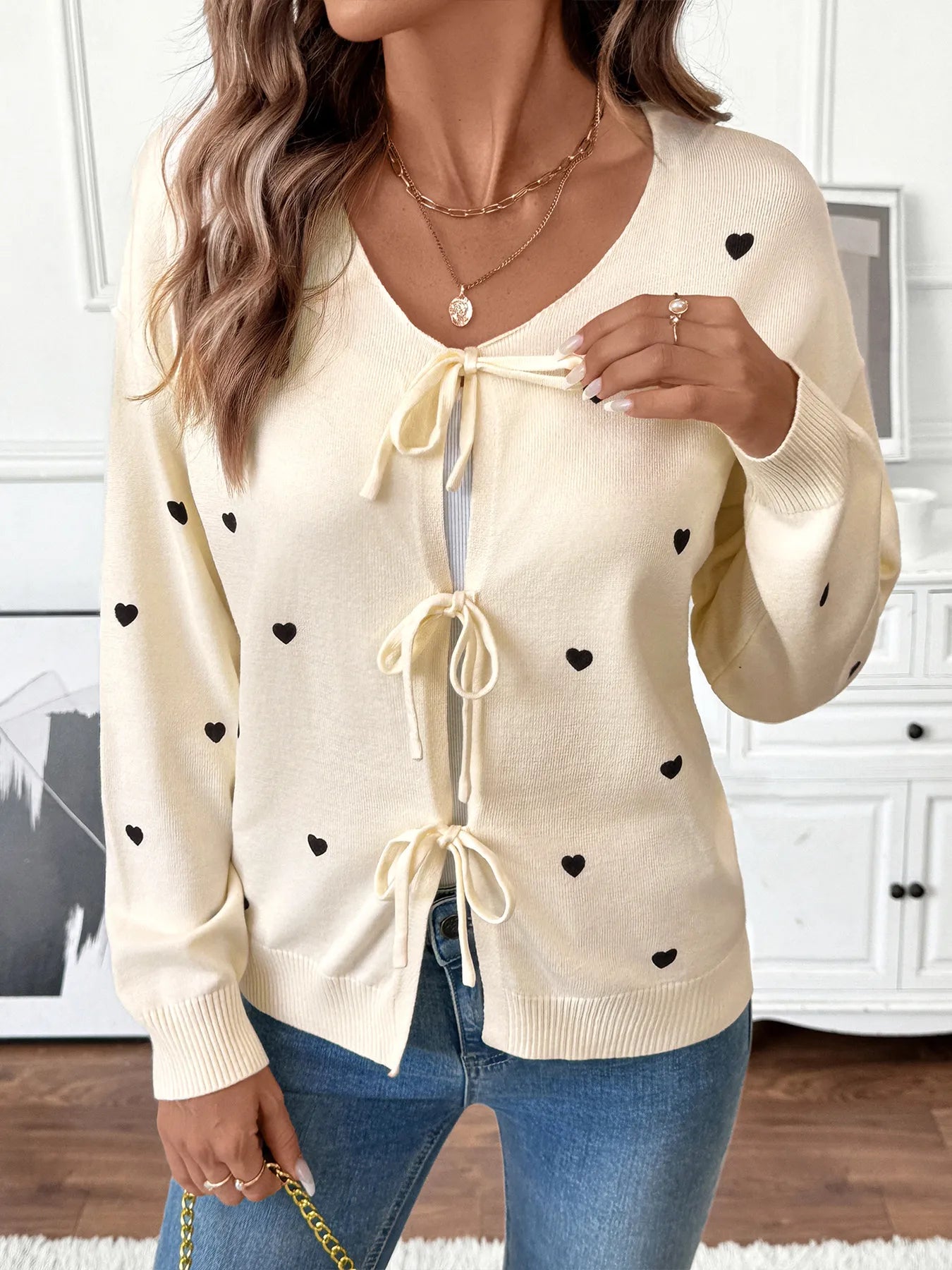 Heart Tie-Front Long Sleeve Cardigan - Fashorio