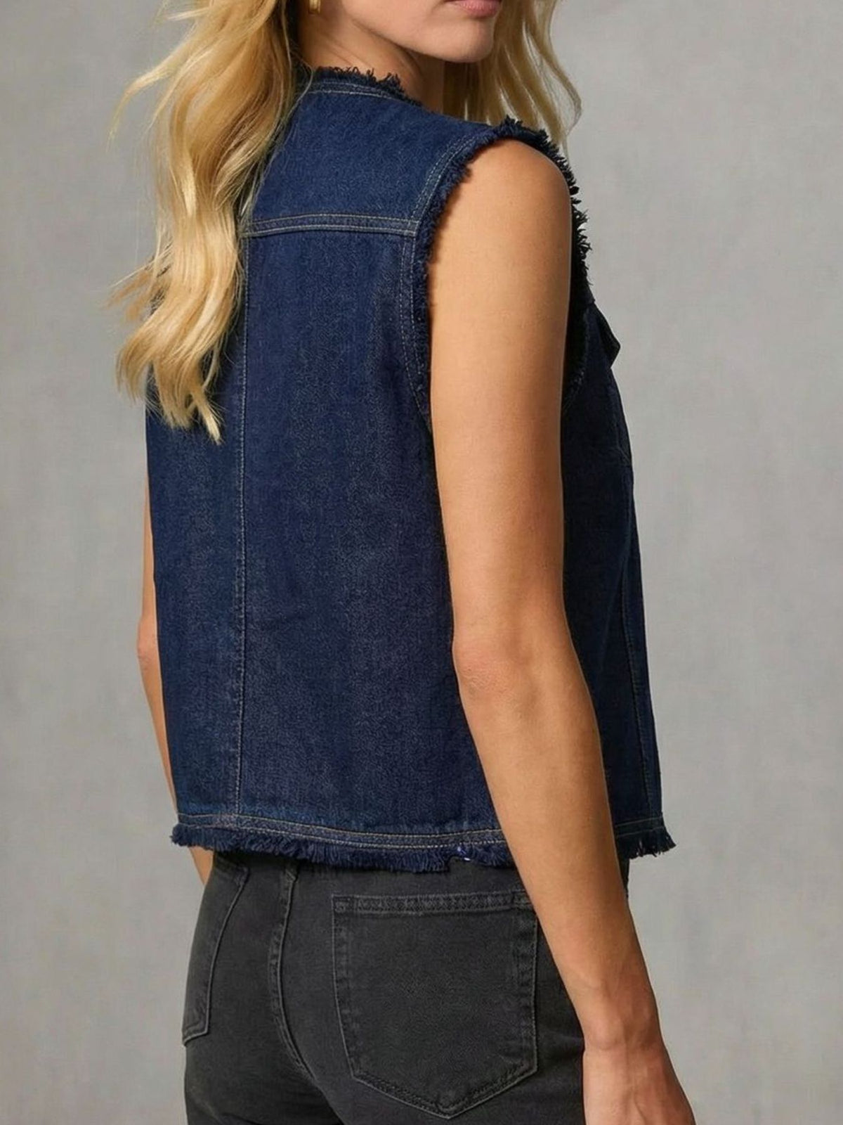 Frayed Hem Denim Vest in Dark Navy detail