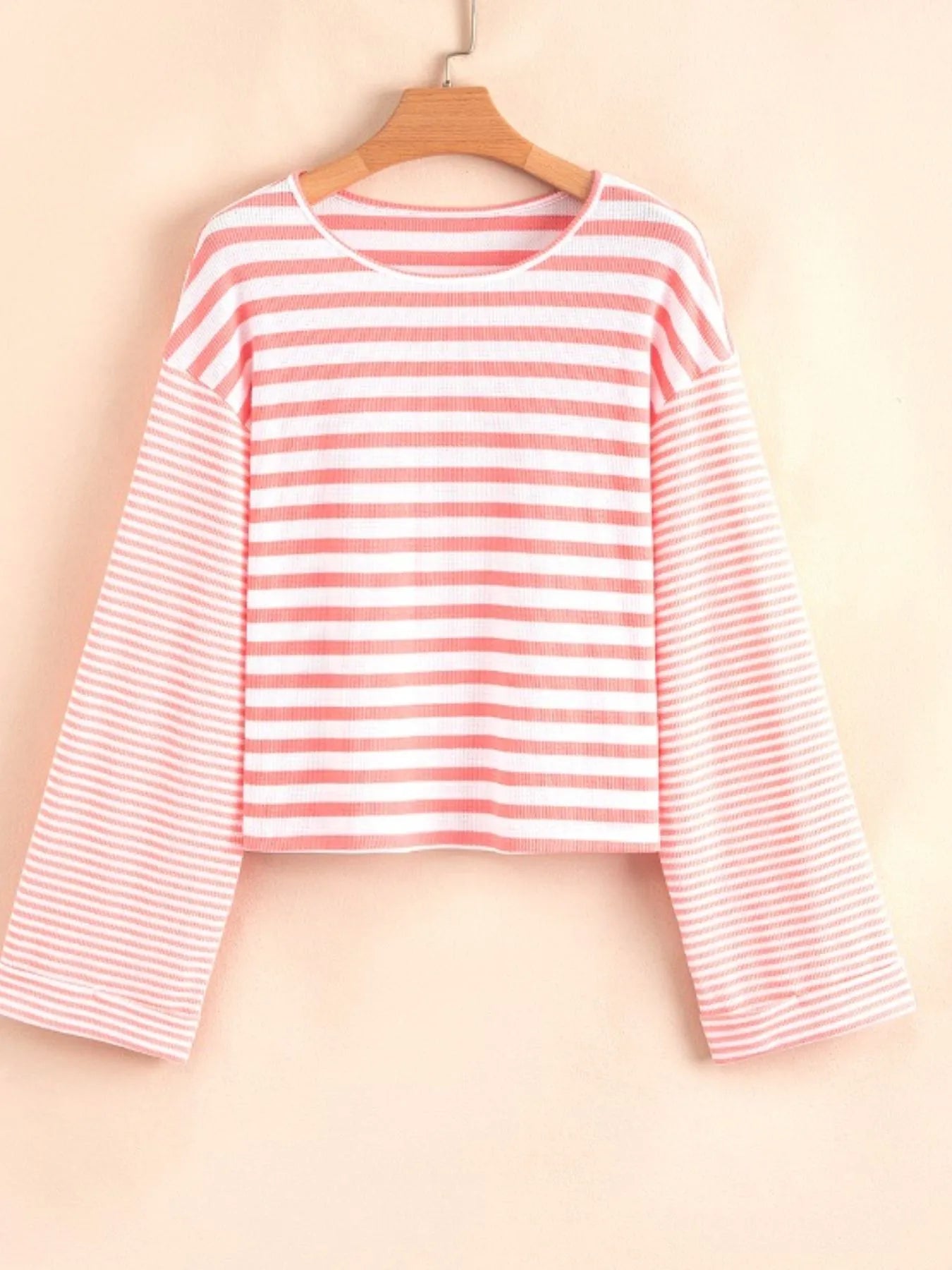Striped Long Sleeve Ribbed Blouse - Fashorio