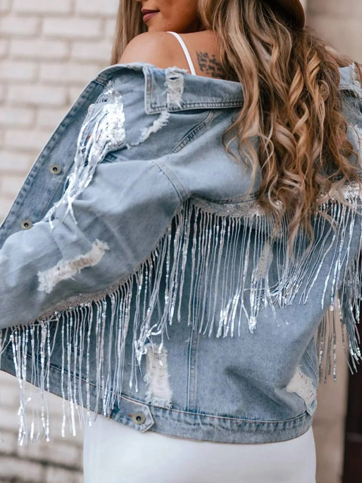Fringed Sequin Denim Jacket in Light Blue styled look