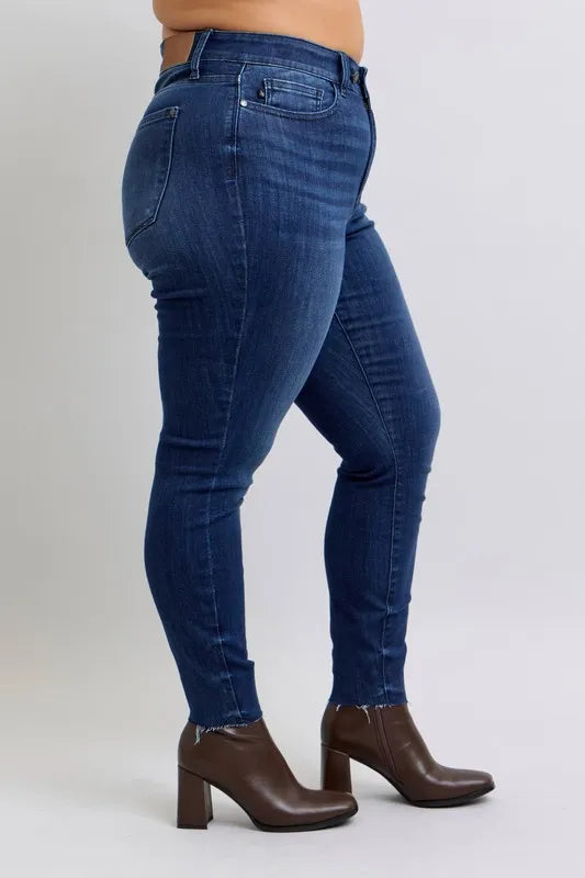 Judy Blue Plus Size Mid Rise Skinny Jeans – Raw Hem Denim - Fashorio