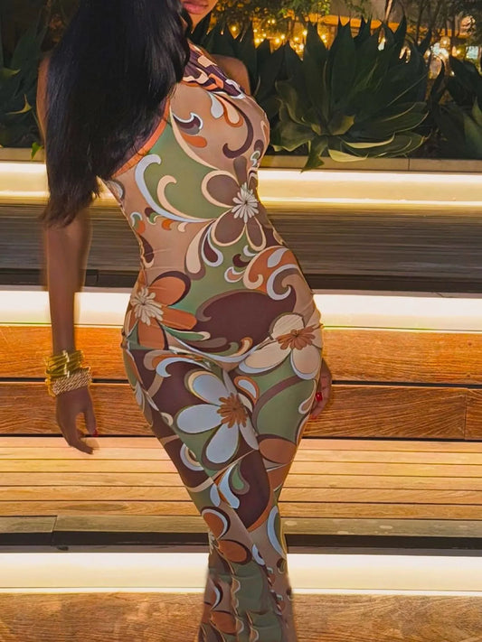 Tropical Print Halter Neck Bodycon Jumpsuit Khaki - Fashorio