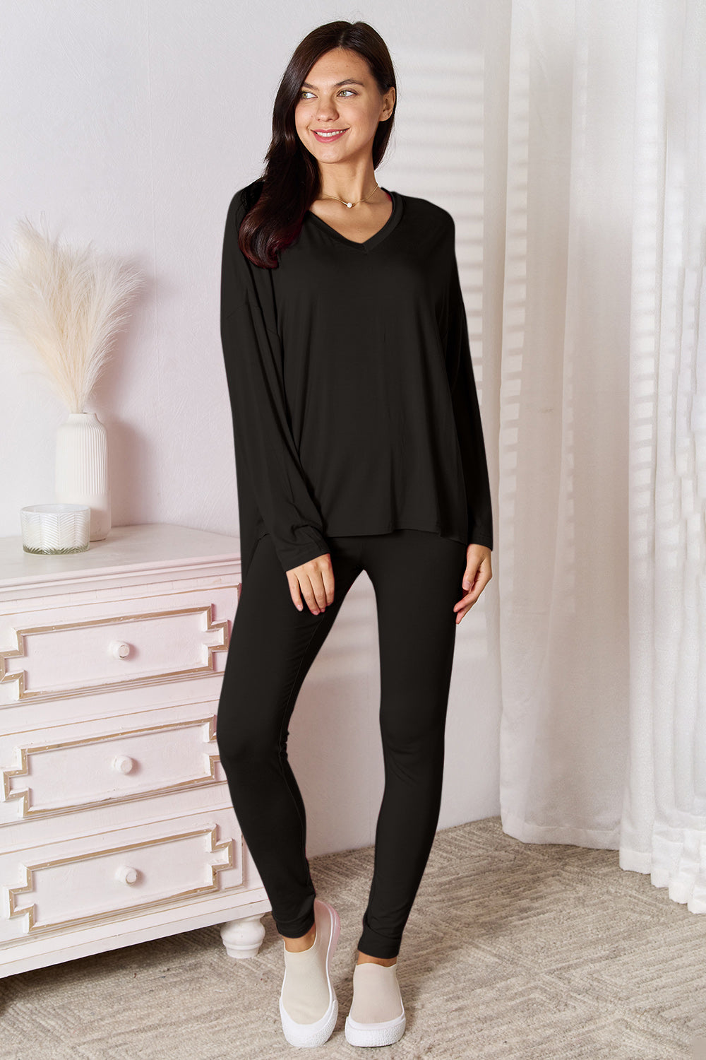 Basic Bae Full Size V-Neck Soft Rayon Long Sleeve Top and Pants Lounge Set Black - Fashorio