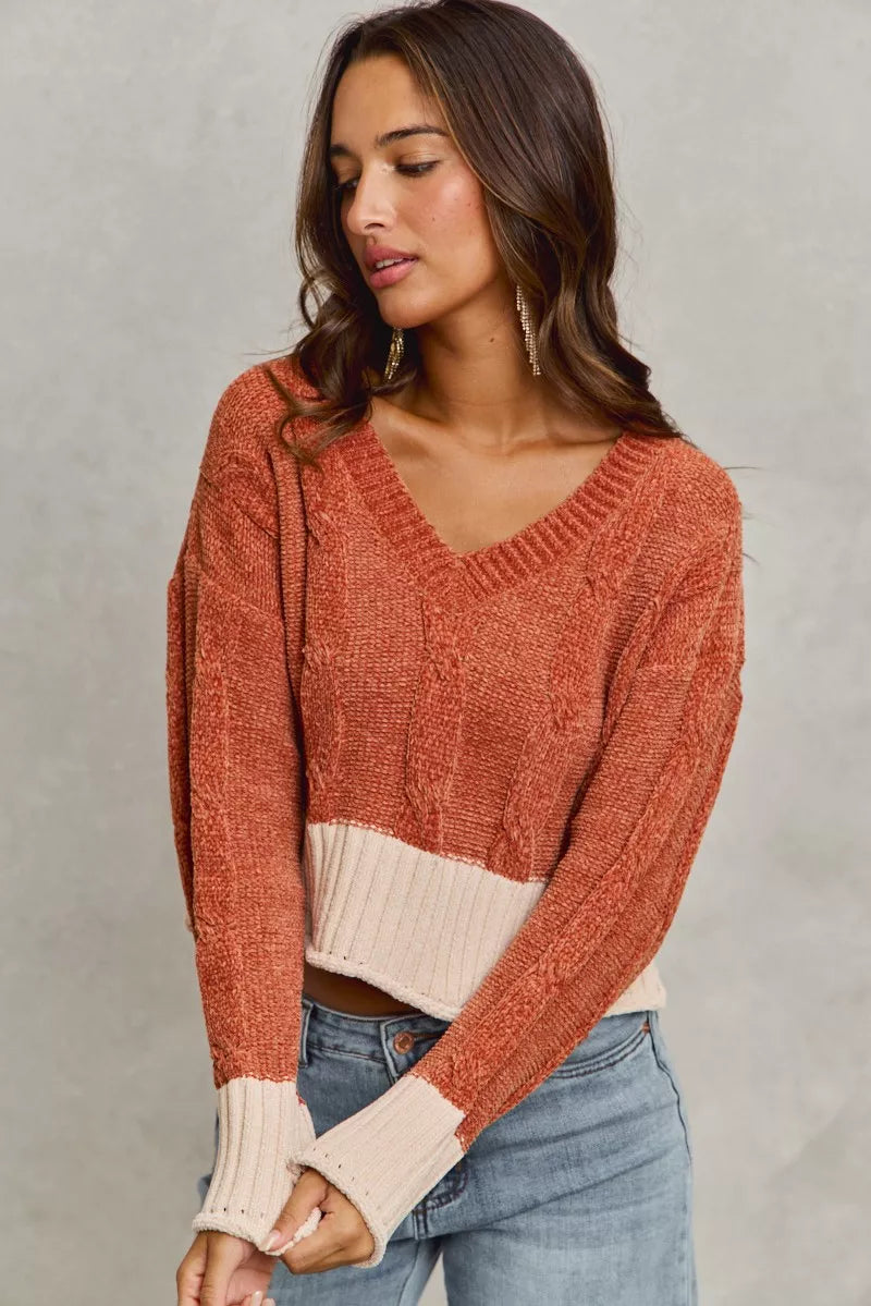 Chenille Cable Knit Cropped V Neck Sweater in Rust